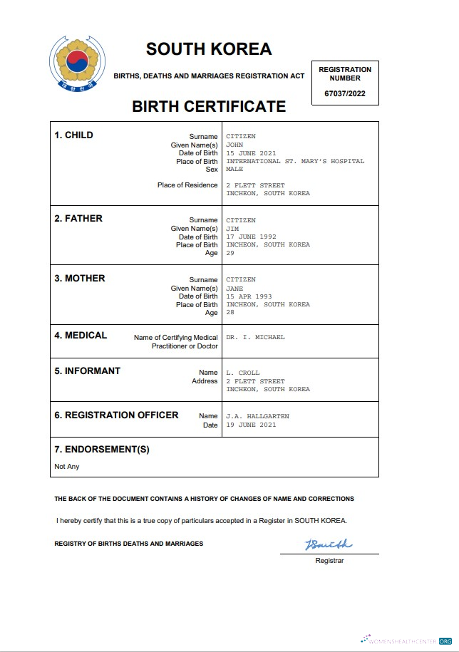 Download South Korea birth certificate Word and PDF template Photoshop template